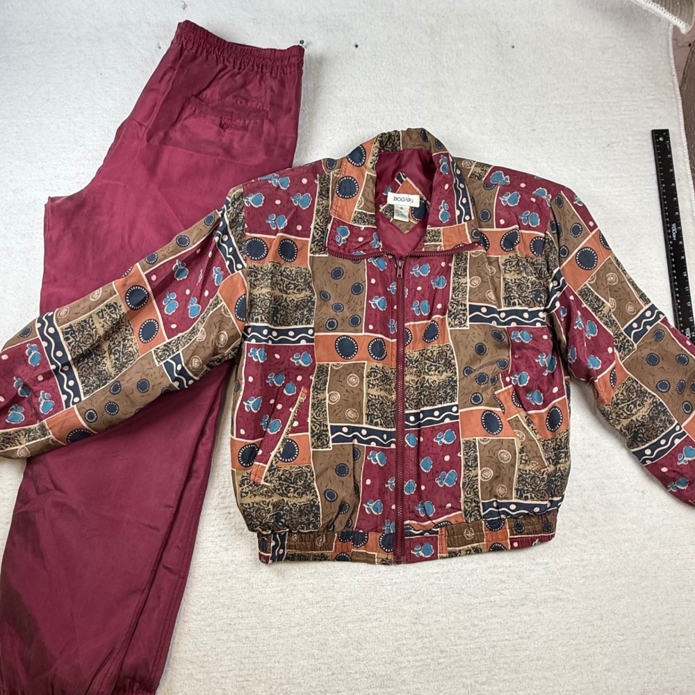 Bogari Vtg 100% Silk Tracksuit Set Burgundy Geometric Abstract Mens Medium Small